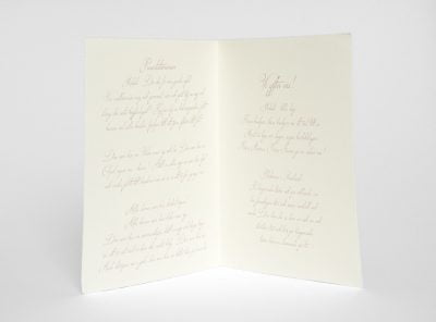 Bröllops festprogram på handgjort papper Särö-insida