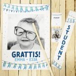 Hurra - en studentkollektion med inbjudningskort, studentskylt, tackkort, banderoll i samma fina design. 