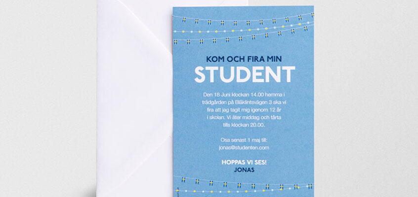 Inbjudningskort student Flaggspel blå med kuvert