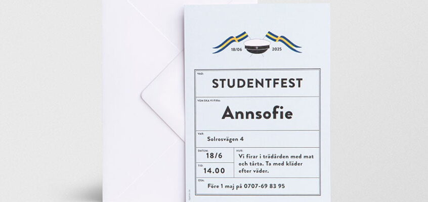 Inbjudningskort student Formulär blå med kuvert