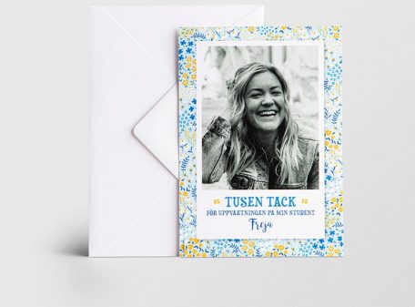 Tackkort student Blomstertid blå med kuvert